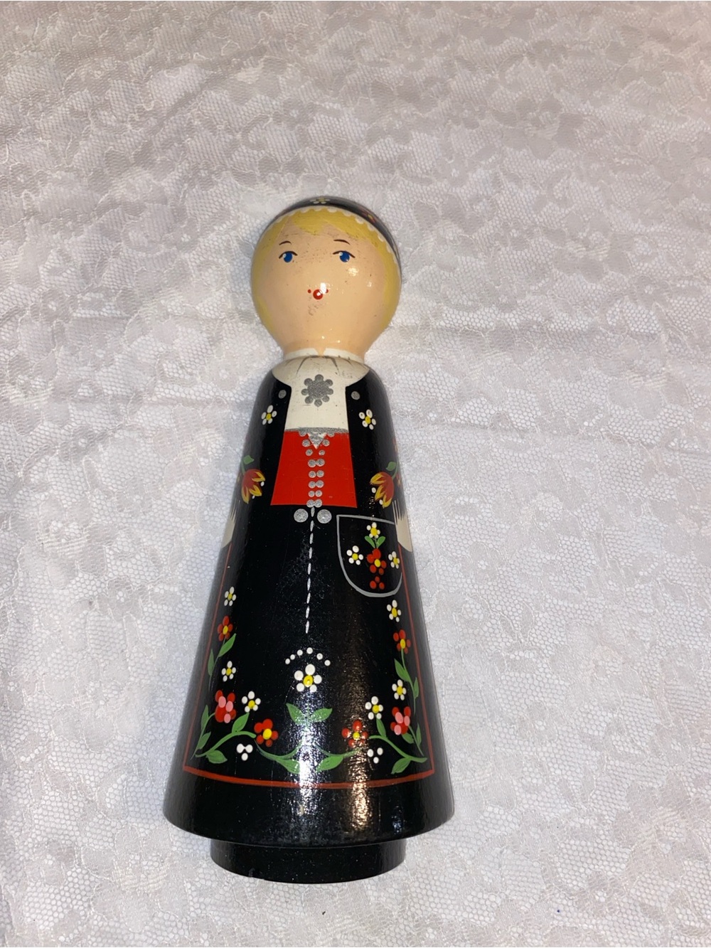 Hand-Painted Norwegian Folk Art Wooden Doll with Floral dress